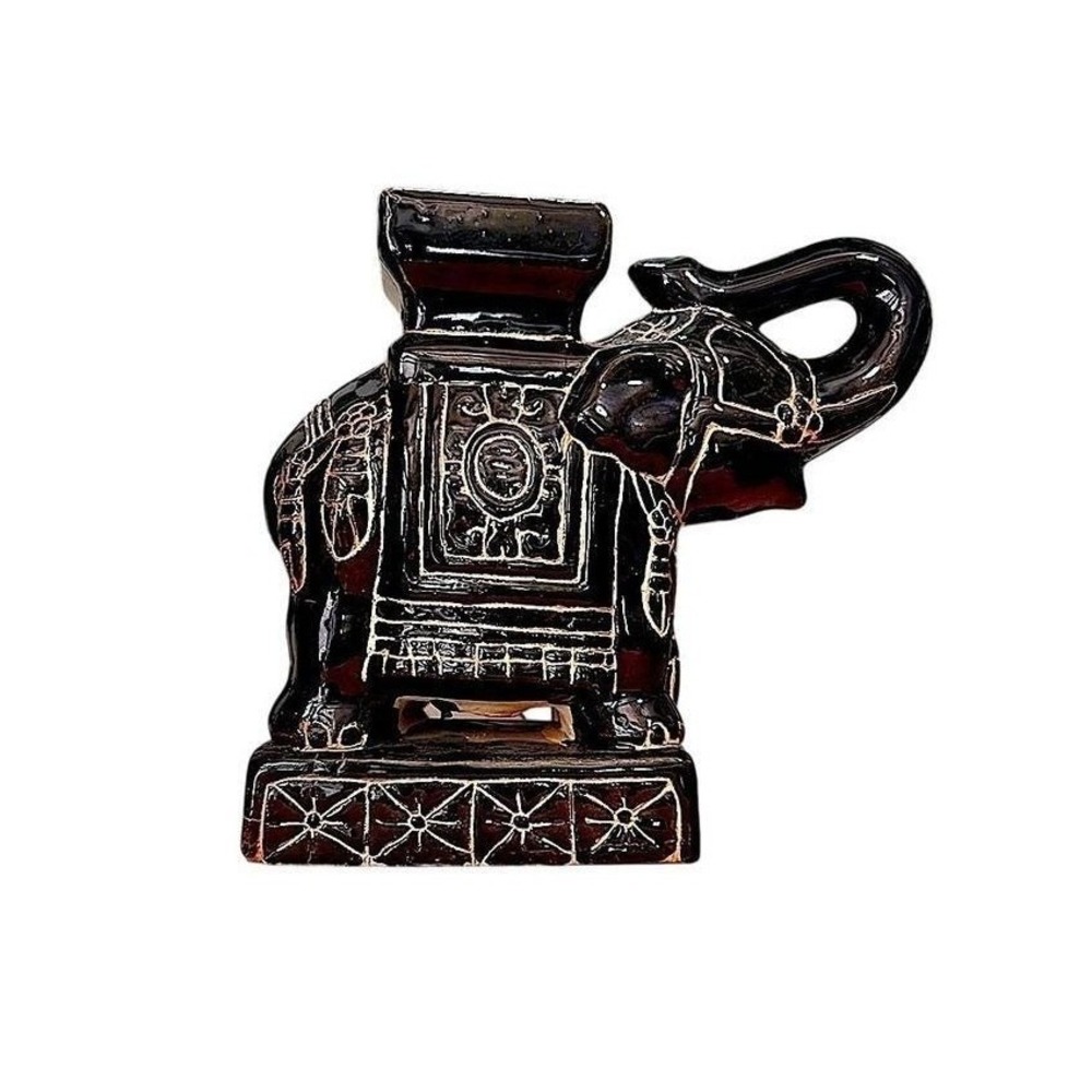 Vintage Boho Elephant Ceramic Figurine Glossy Black White Tribal Markings 7"